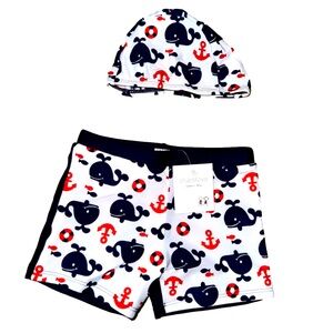 NWT baby/ toddler boy bathing suit w skull cap adorable nautical  🐳   ⚓️ (L)